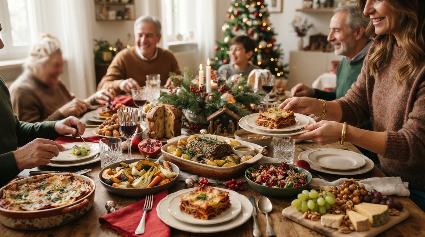 Una tavola imbandita per il pranzo di Natale in stile italiano, con piatti festivi a base vegetale.