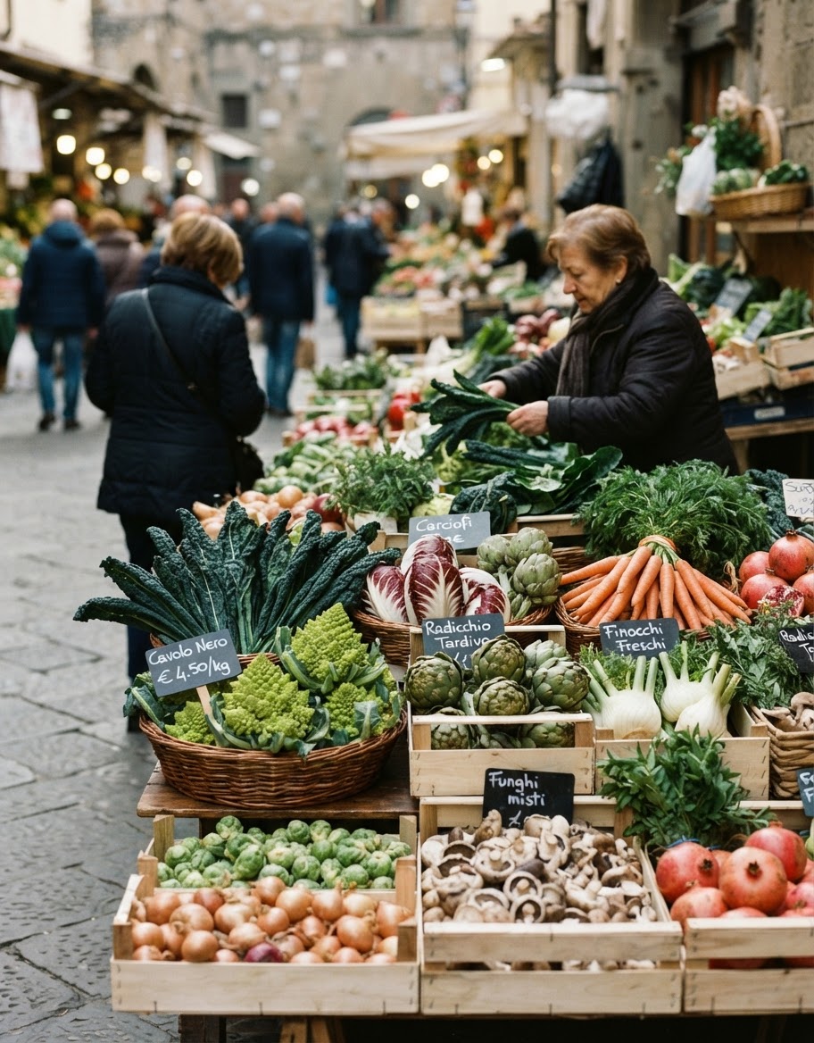 Mercato locale con un'abbondanza di verdure fresche e stagionali, ideali per un menu natalizio vegano.