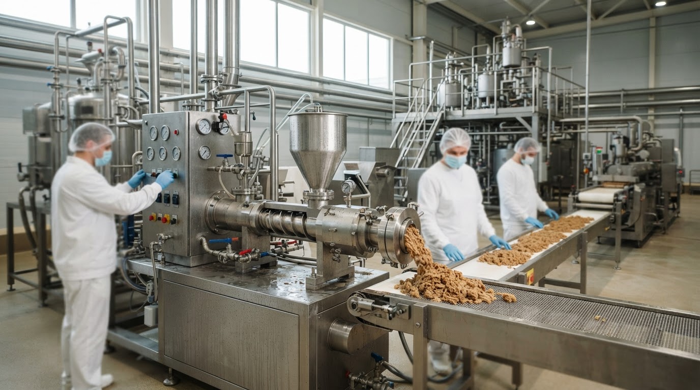 現代的な食品加工プラント、ステンレス製の機械が並ぶ様子
