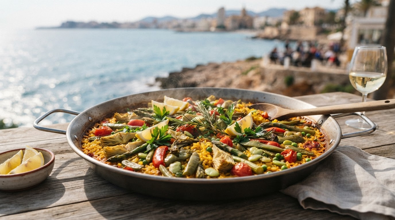 A vibrant vegan paella cooked in a wide, shallow paella pan, brimming with colourful vegetables and rice.