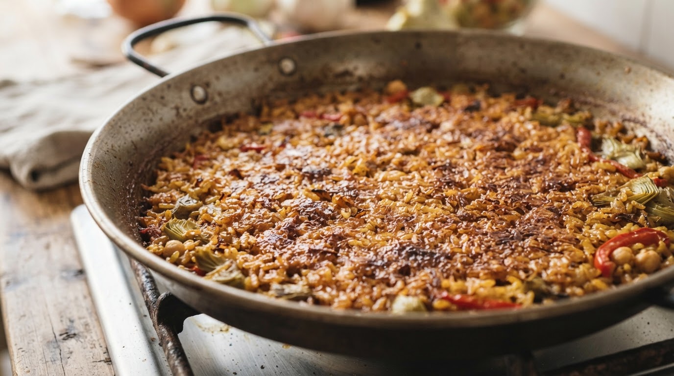 The coveted socarrat, a delicious toasted rice crust at the bottom of the paella pan.