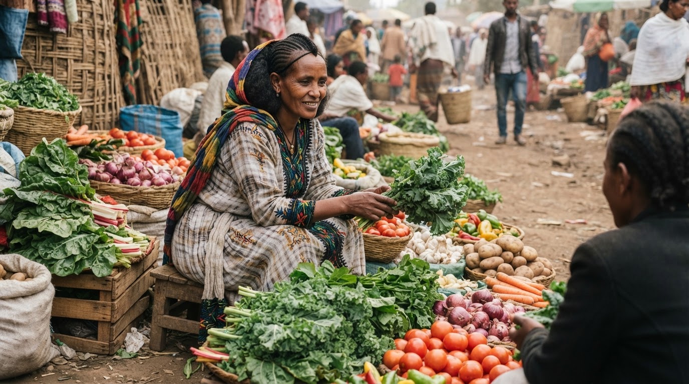የአትክልት ውጤቶችን በገጠር ገበያ የምትሸጥ ኢትዮጵያዊት ሴት