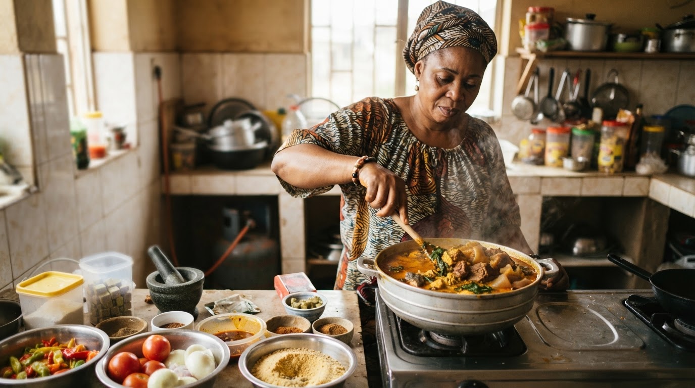 Obìnrin Nàìjíríà kan tó ń ṣètò sísẹ̀ Efo Riro pẹ̀lú ẹran tó pọ̀.