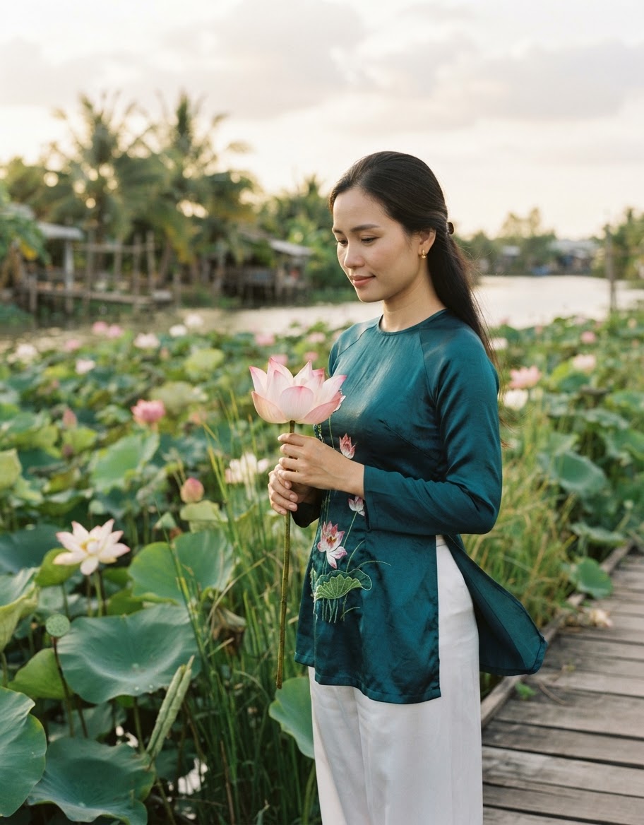 Phụ nữ Việt Nam mặc áo dài, tay cầm hoa sen