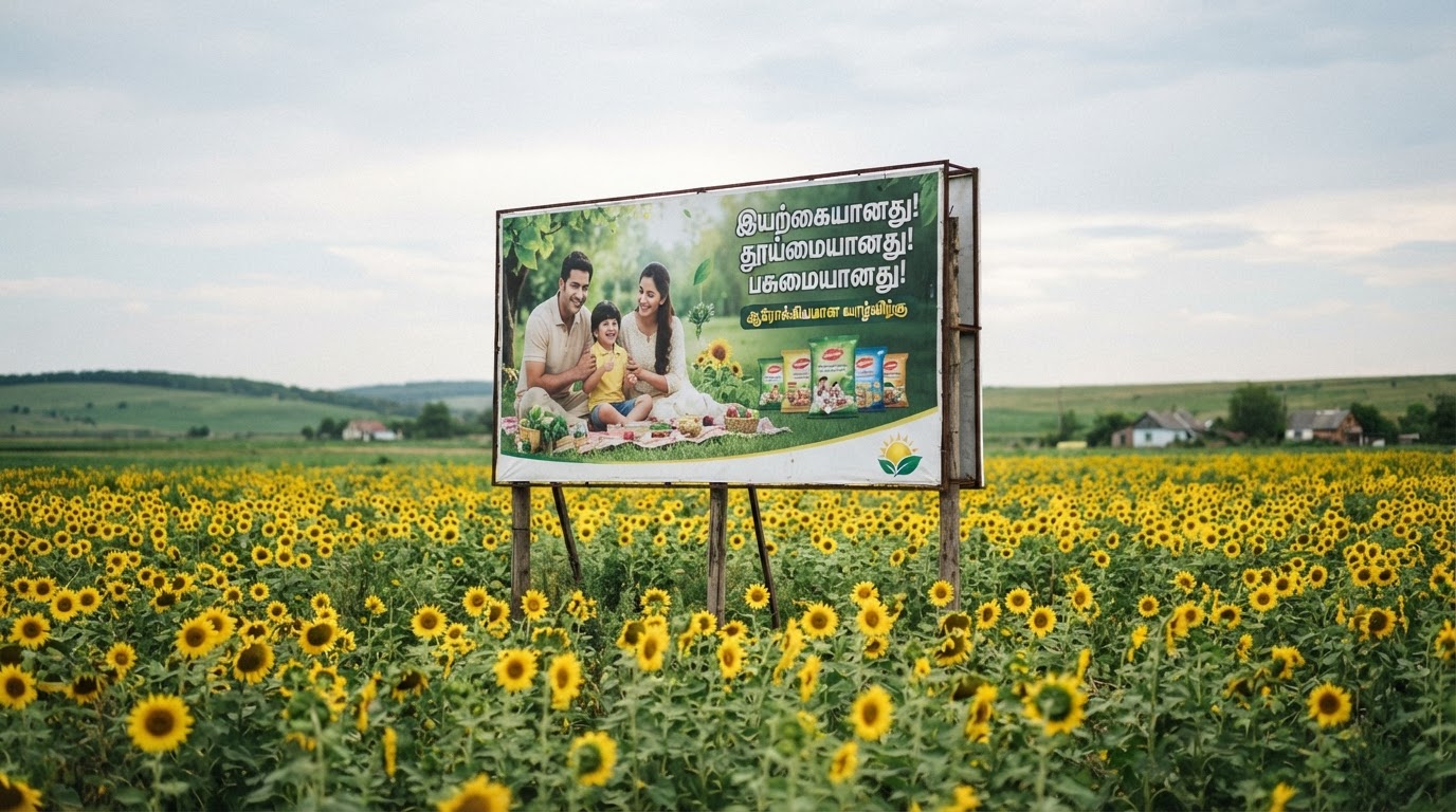 சூரியகாந்தி வயலின் நடுவில் ஒரு விளம்பரப் பலகை