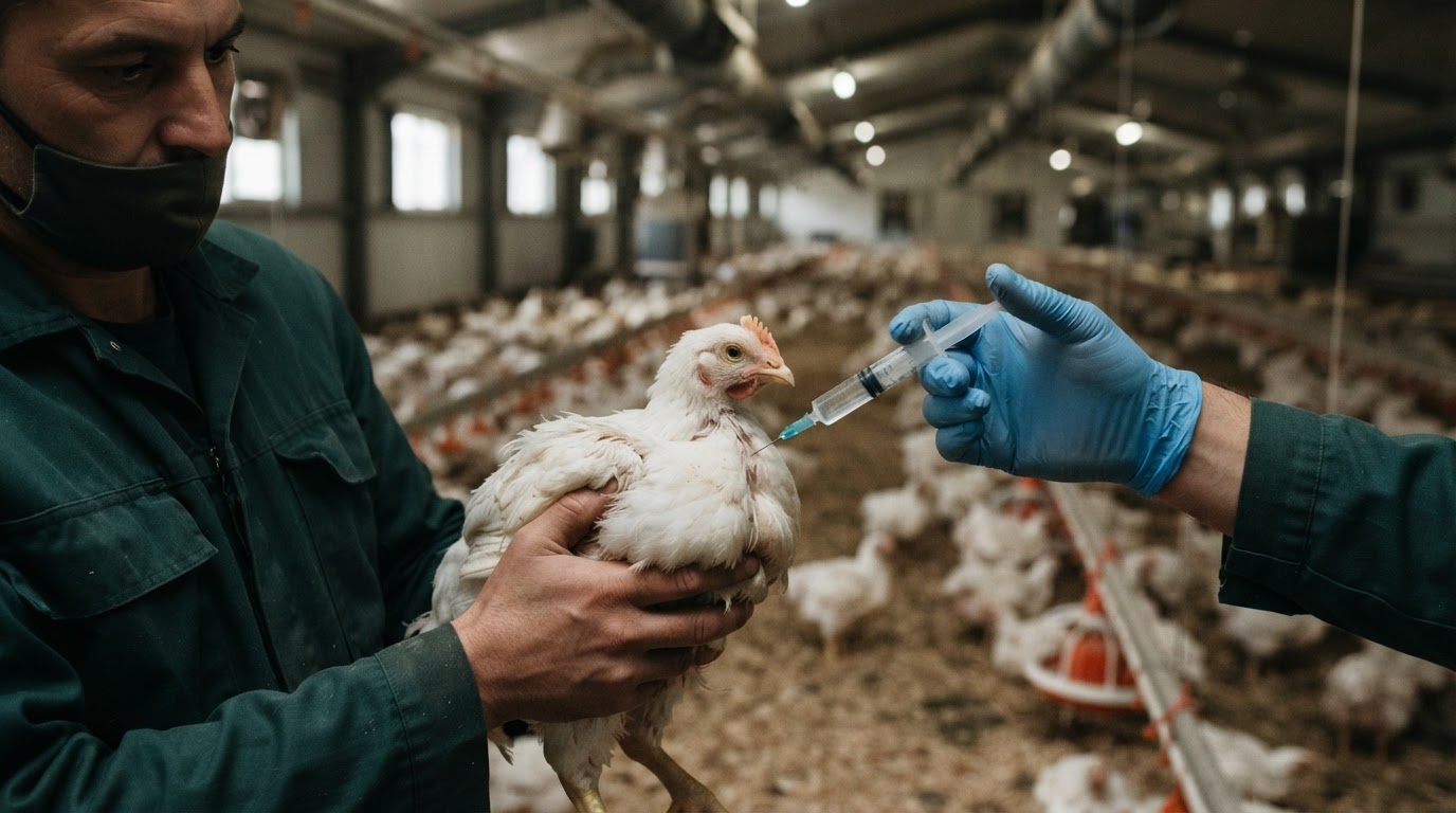 Isang manok na may tinuturokong kamay na may hawak na syringe sa isang malaking poultry farm.
