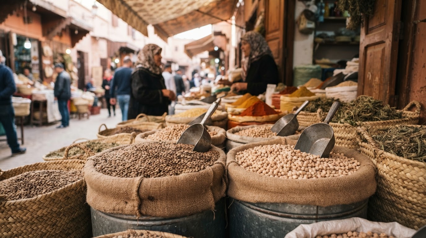 عدس وحمص معروضة في كشك سوق