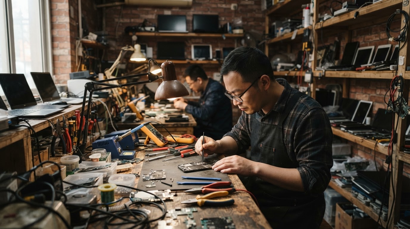 一家电子产品维修店,里面摆满了各种维修工具