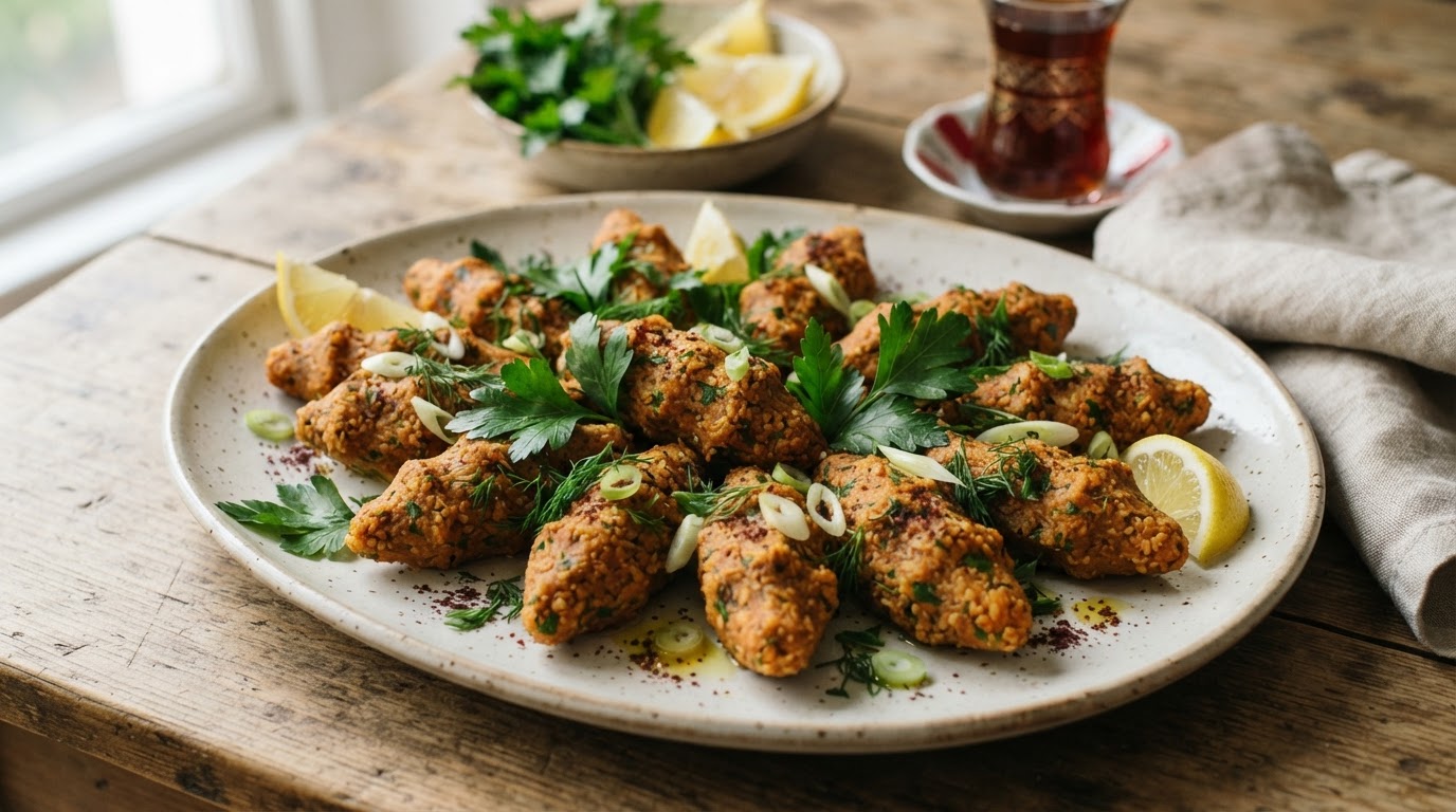 Taze otlarla süslenmiş bir servis tabağında kırmızı mercimek köftesi