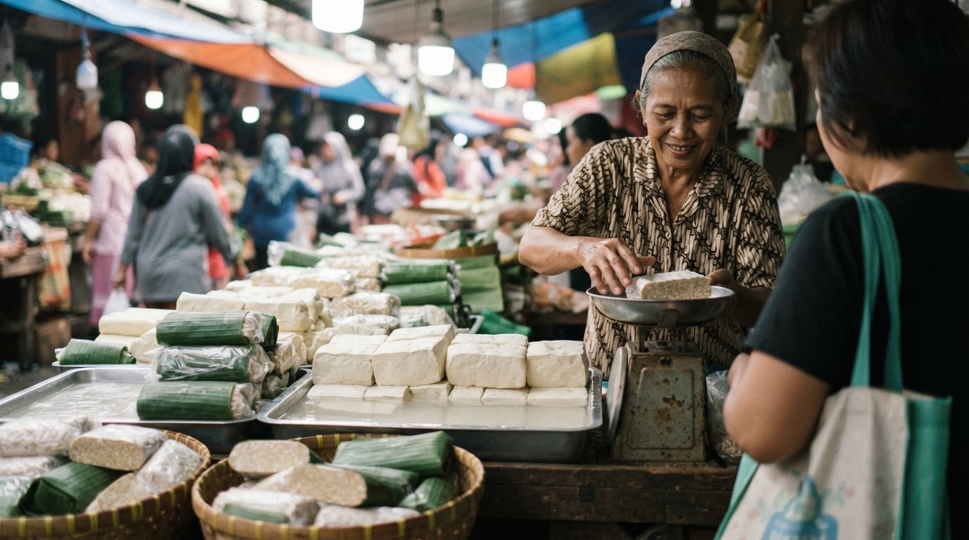 Stan pasar yang menjual tahu dan tempe segar di Indonesia