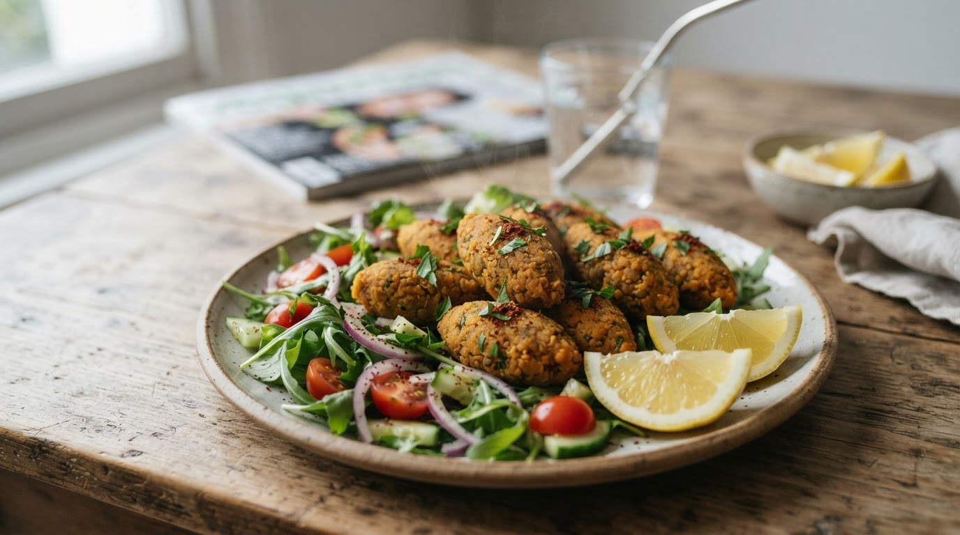 Mercimek köftesi, taze yeşillikler ve limon dilimleri ile dengeli bir öğün oluşturur.