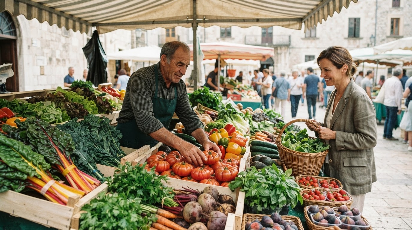 Puesto de mercado vibrante con verduras frescas