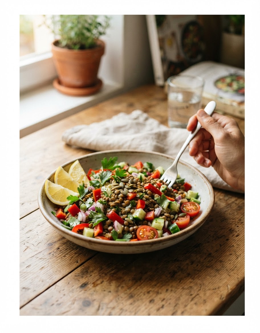 Ensalada de lentejas, un almuerzo nutritivo y fácil de preparar.
