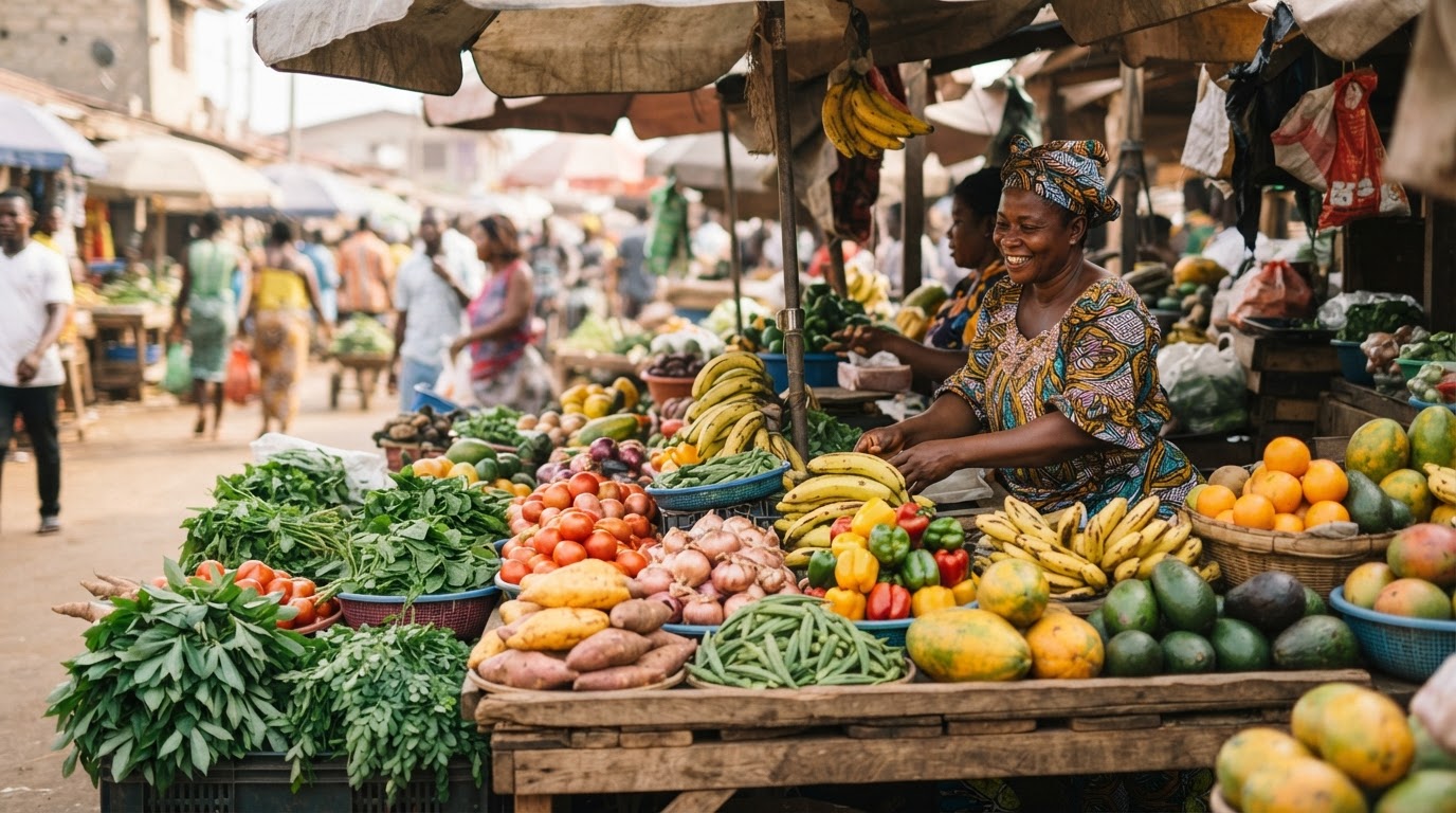 Barraca de mercado africana com uma variedade de vegetais e frutas frescas coloridas.