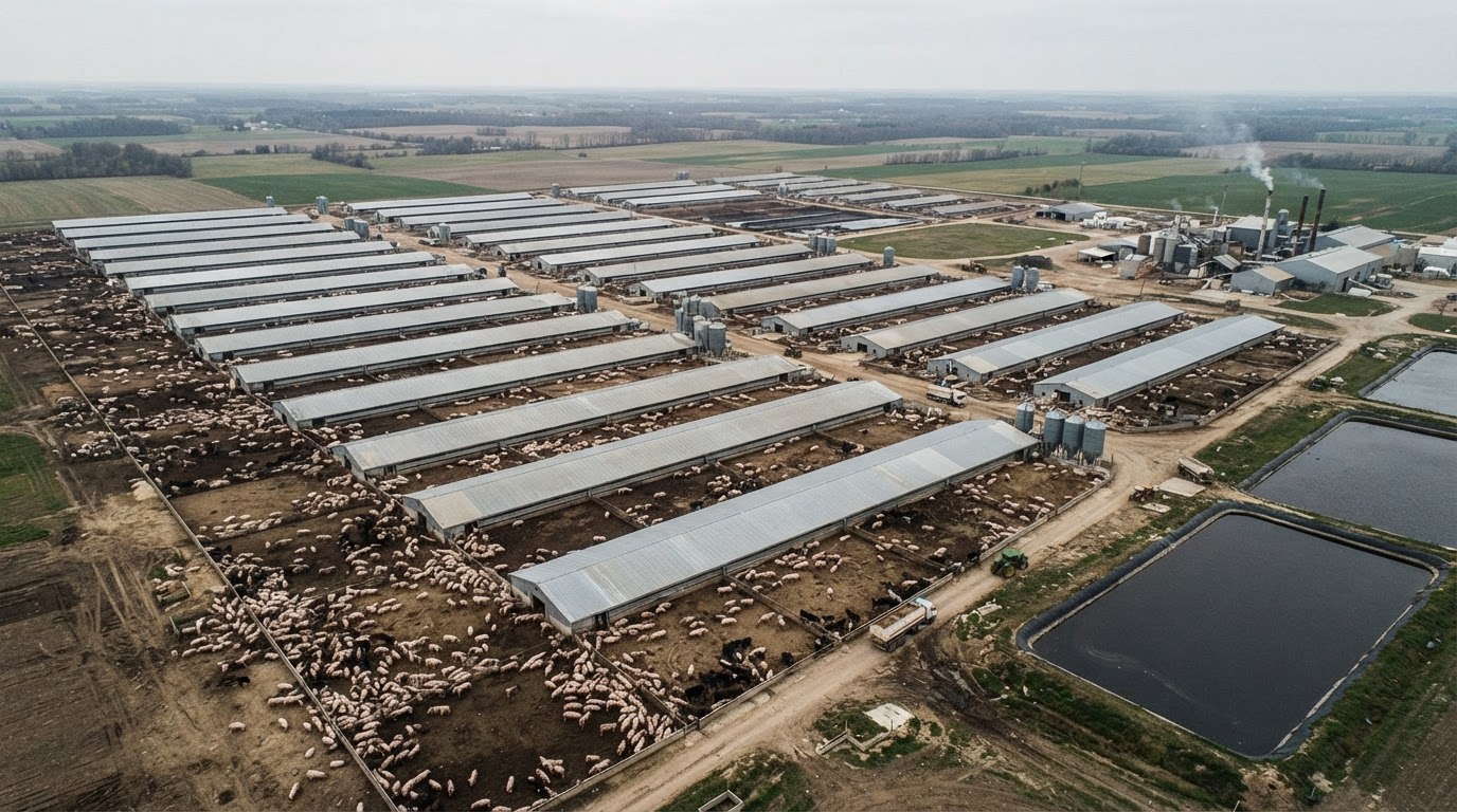 Vue aérienne d'un immense complexe d'élevage industriel, avec des bâtiments longs et uniformes et des enclos d'animaux.
