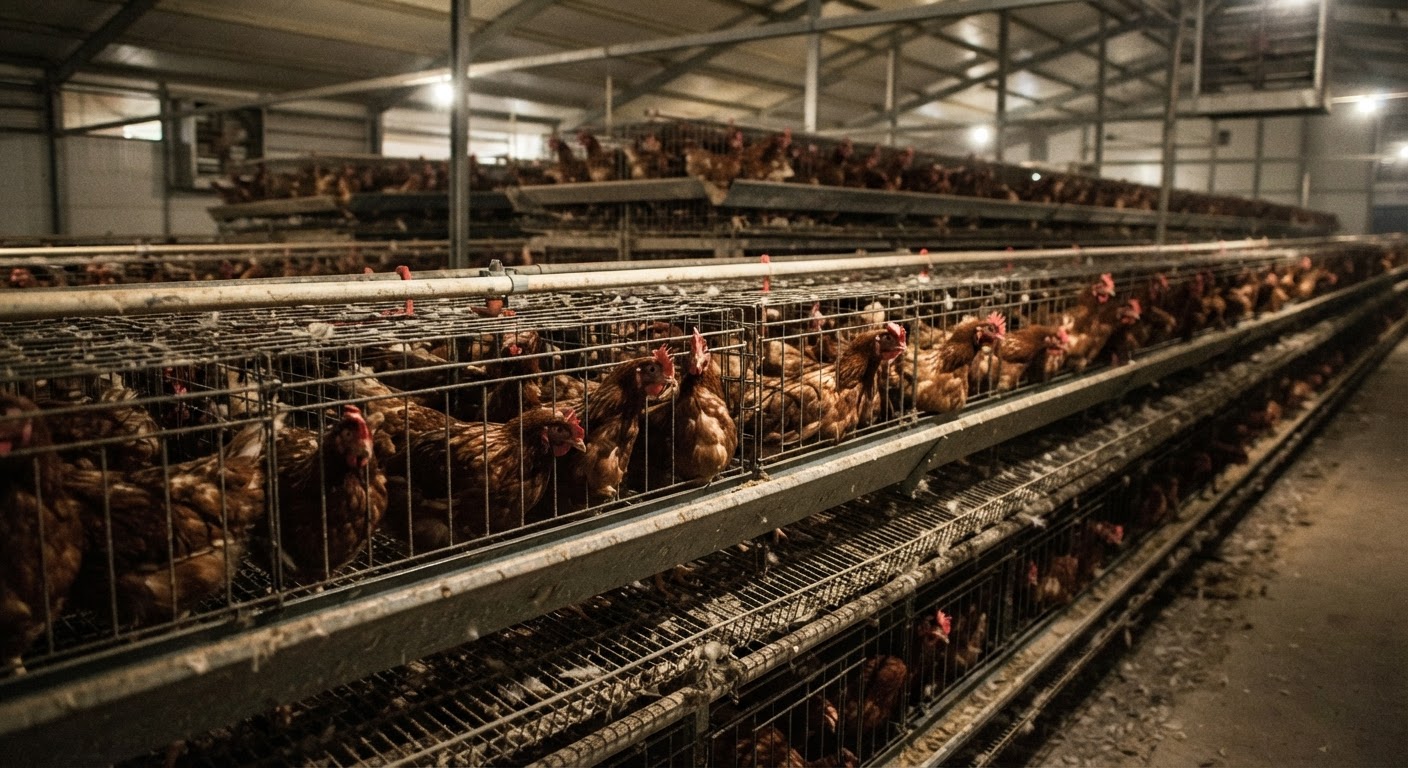 Des poules élevées en batterie dans un élevage industriel, une pratique soulevant des questions éthiques majeures.