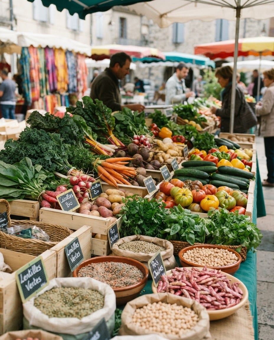 Un étal coloré sur un marché, proposant une variété de légumes frais et de légumineuses, symboles d'une alimentation végétale et locale.