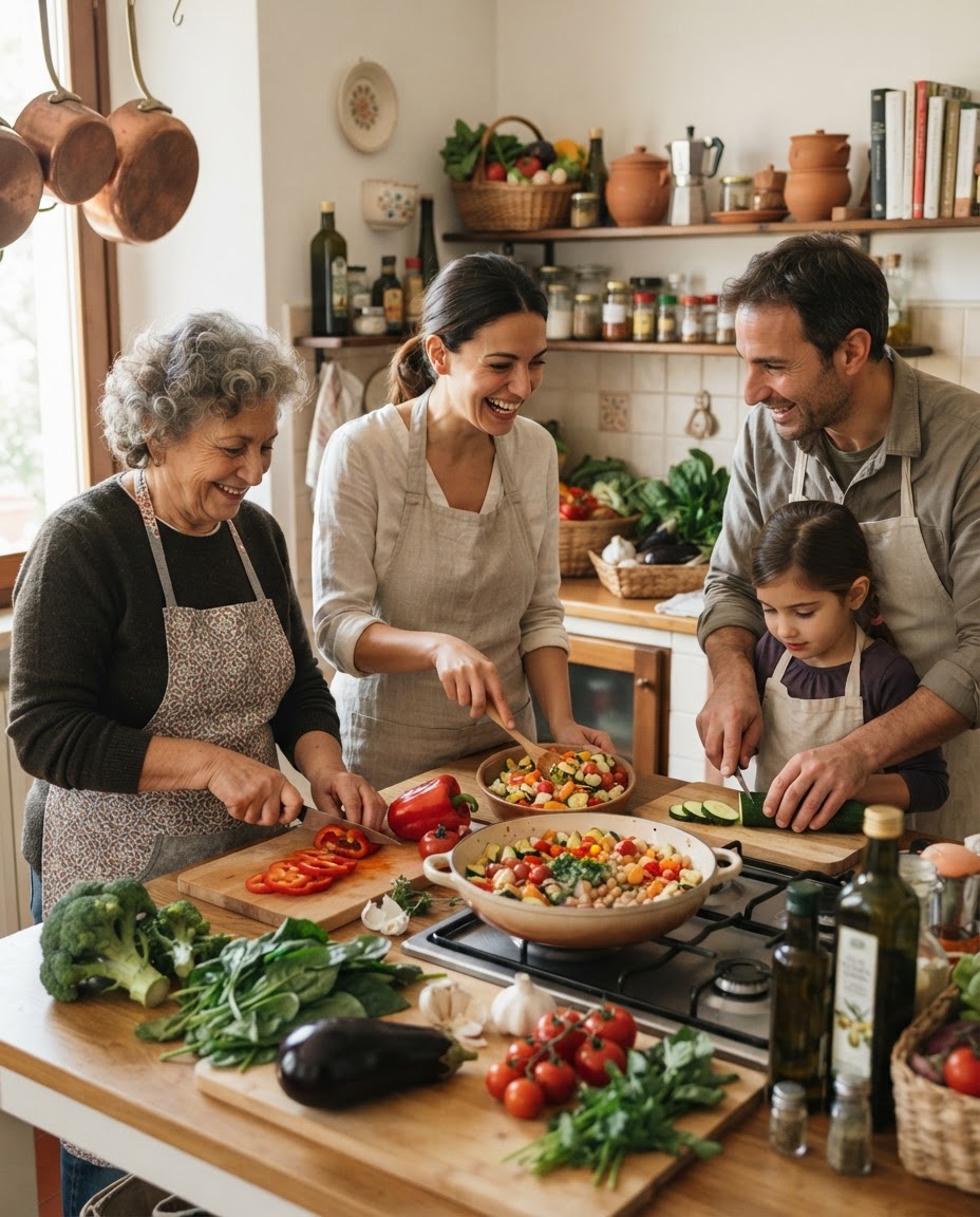 Una famiglia italiana che cucina verdure fresche insieme in cucina.