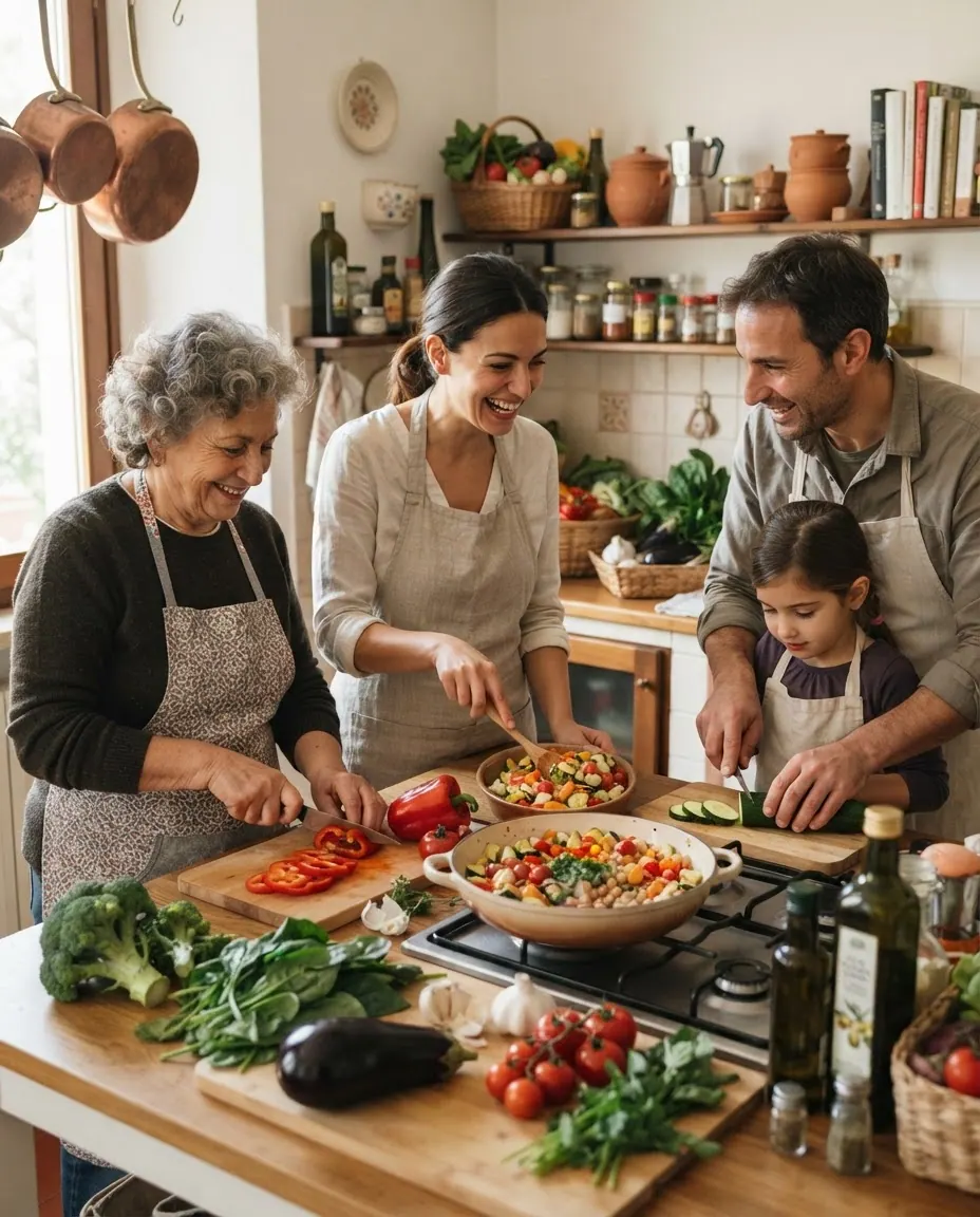 Una famiglia italiana che cucina verdure fresche insieme in cucina.