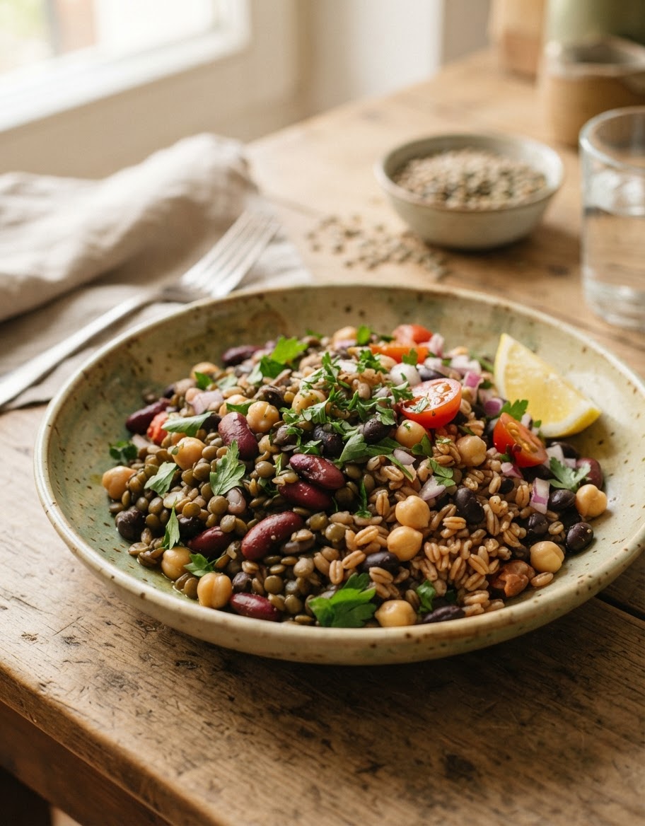 Un piatto colorato di legumi misti e cereali integrali, ricco di proteine e fibre.
