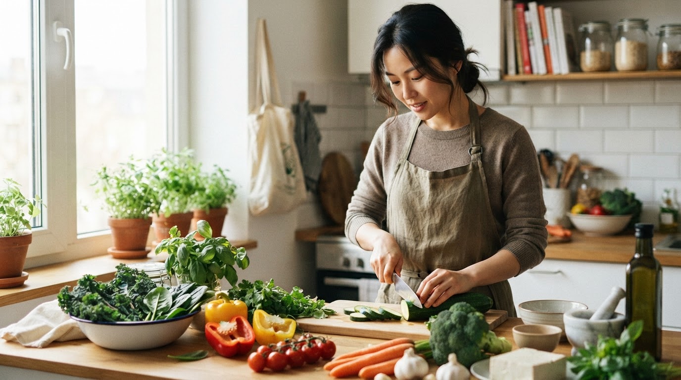 밝은 주방에서 신선한 채소를 준비하는 한국 여성