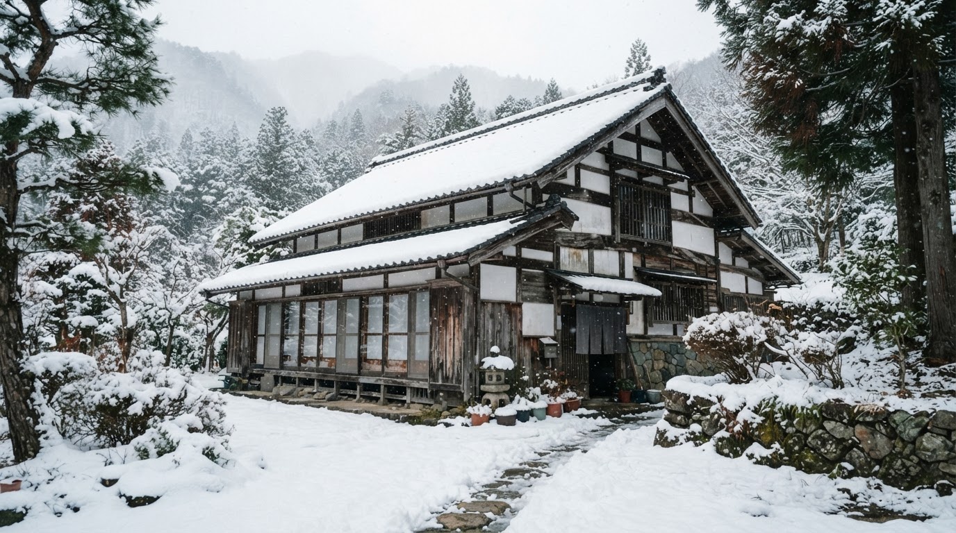 日本の伝統的な家屋の外観、冬の雪景色
