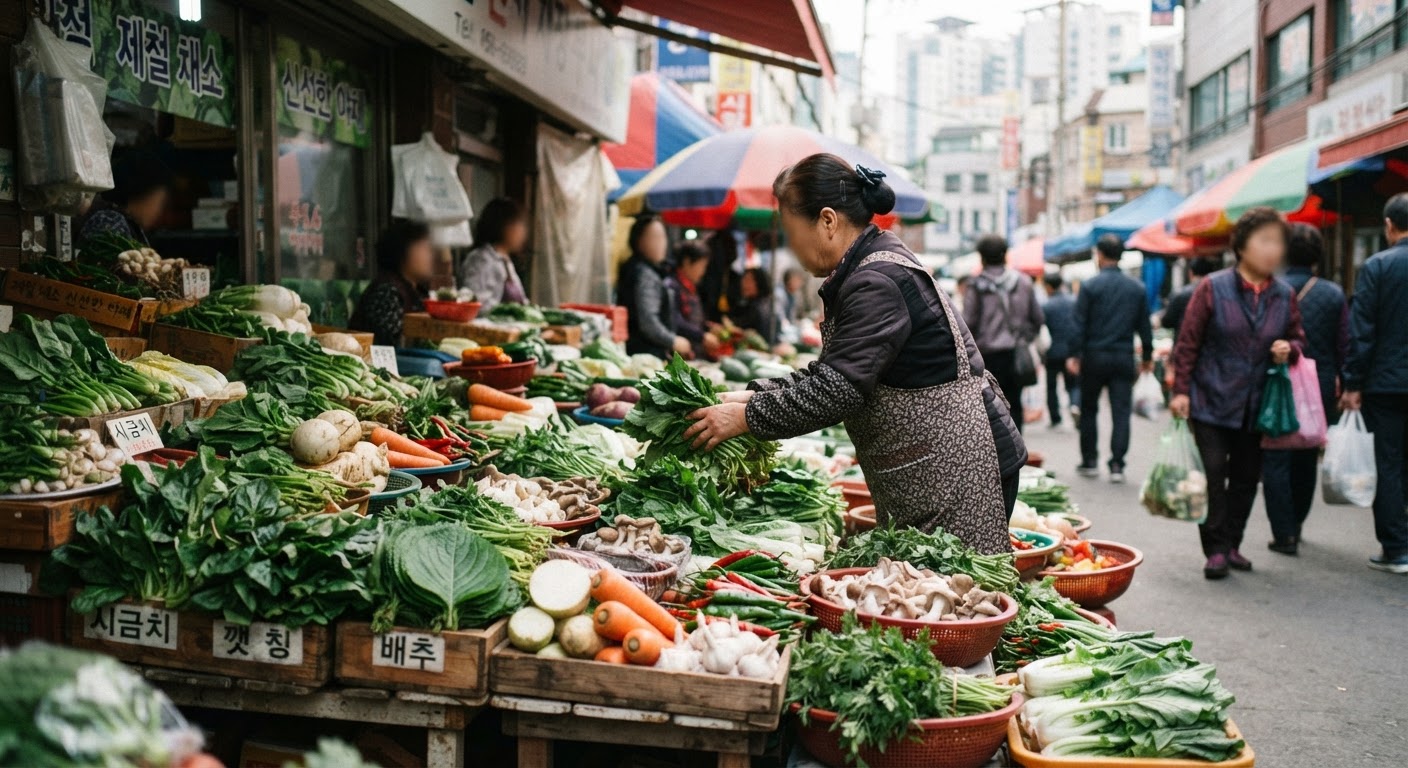 신선한 제철 채소가 가득한 서울의 한 도시 시장