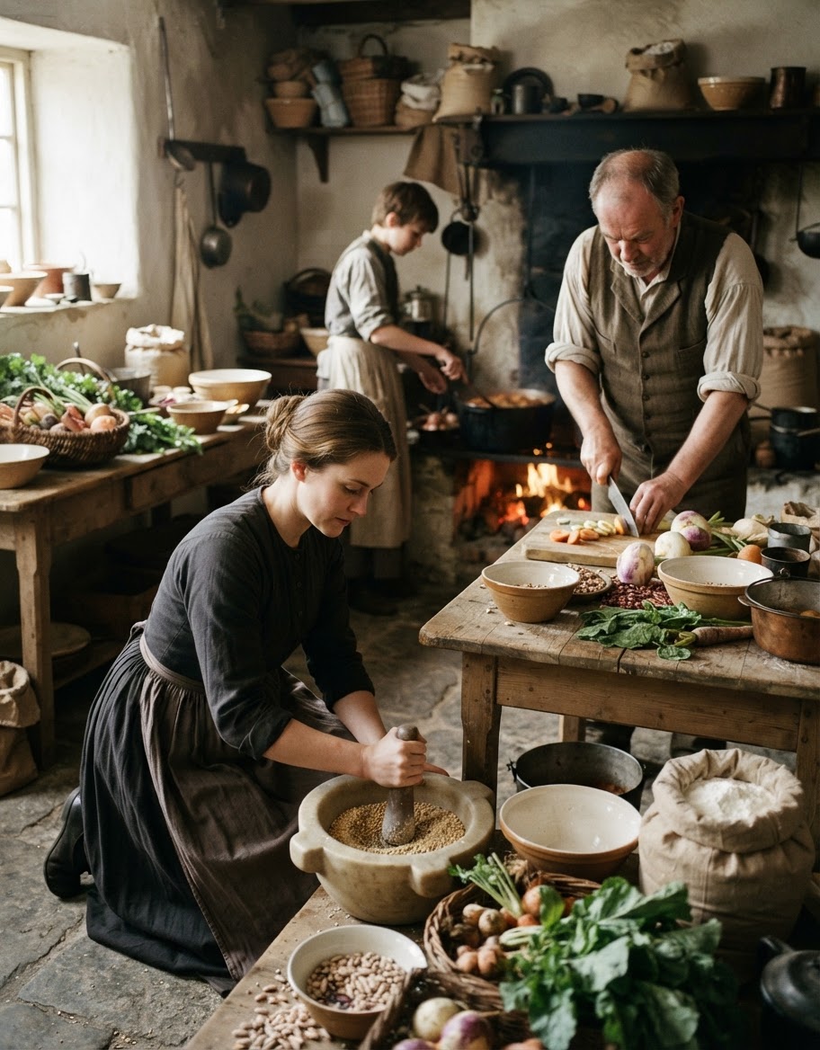 An illustration of people preparing food from plants in a historical setting.