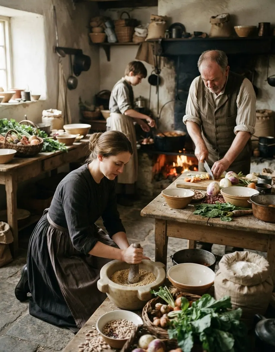 An illustration of people preparing food from plants in a historical setting.