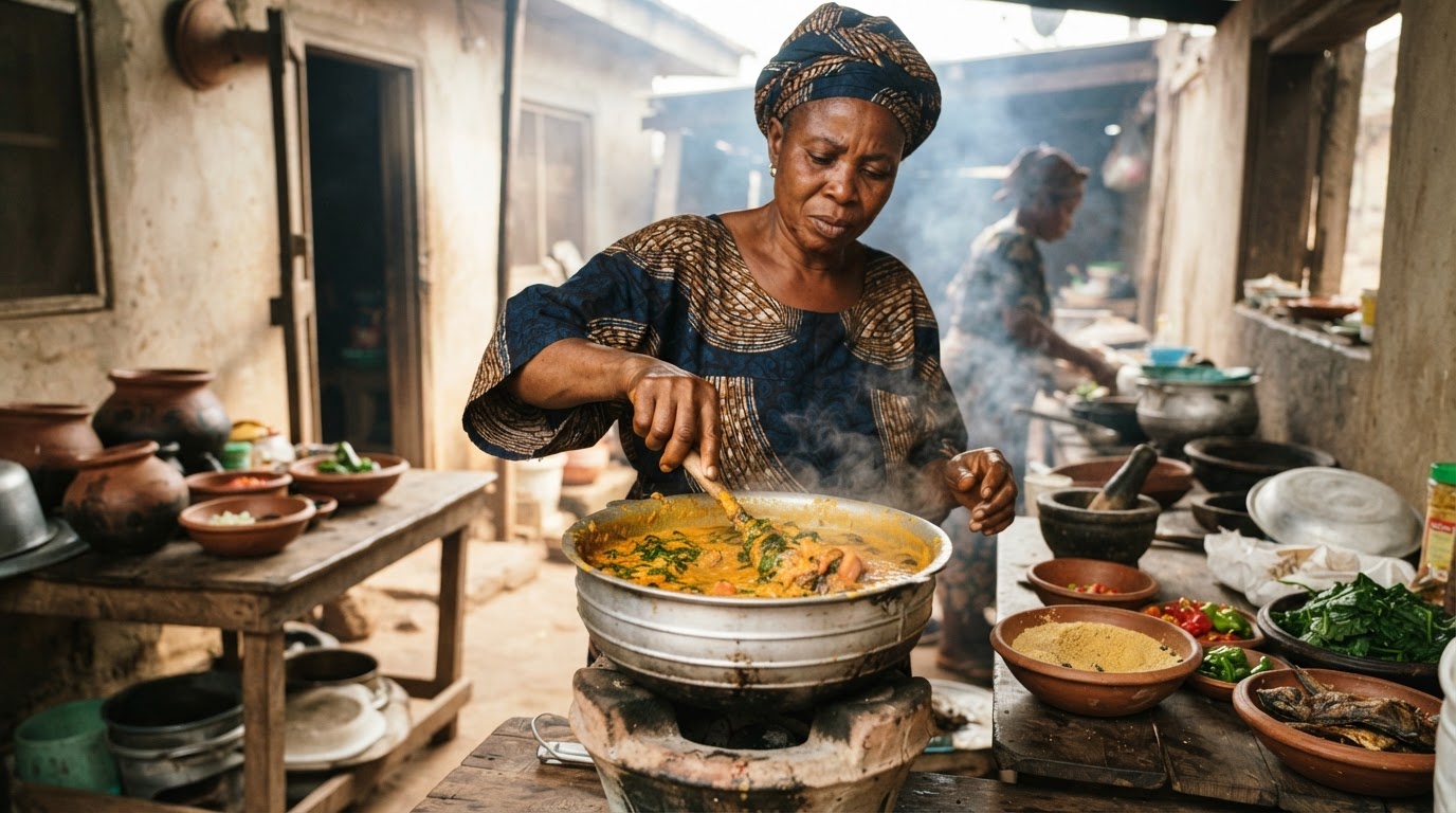 Obìnrin Yorùbá kan tó n sè ọ̀bẹ̀ ẹ̀wà nínú ìkòkò