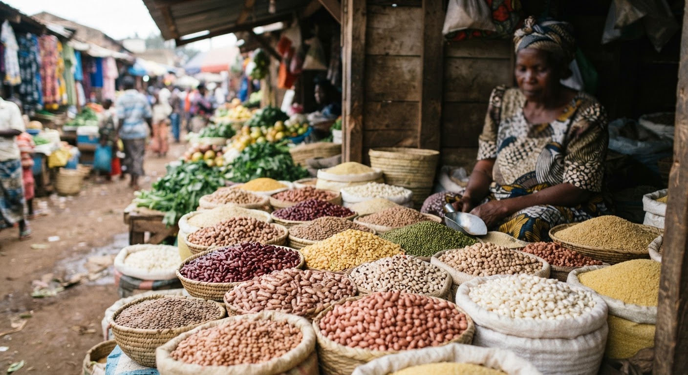 Mboga mbalimbali na nafaka zinazopatikana sokoni, msingi wa mlo wa mboga.