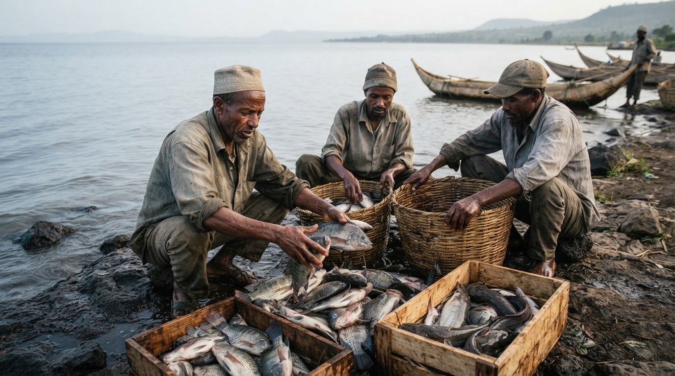 በጣና ሐይቅ ላይ ዓሣ አጥማጆች ዓሣ ሲለዩ።