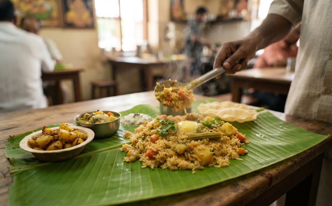 வாழை இலையில் பரிமாறப்படும் தென்னிந்திய சாம்பார் சாதம்