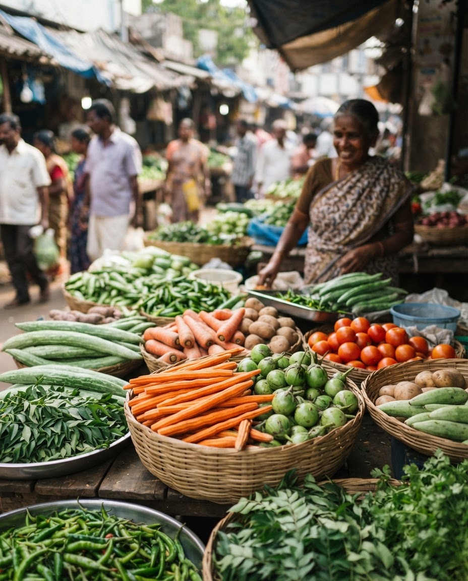 தமிழ்நாடு சந்தையில் கிடைக்கும் புதிய காய்கறிகள், சாம்பார் சாதத்திற்கு சுவையையும் சத்தையும் சேர்க்கின்றன.
