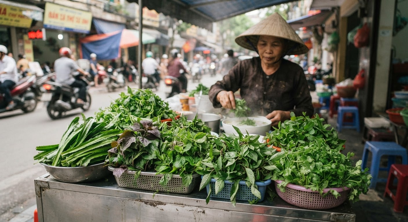 Một quầy hàng ăn uống đường phố Việt Nam với nhiều loại rau thơm tươi.