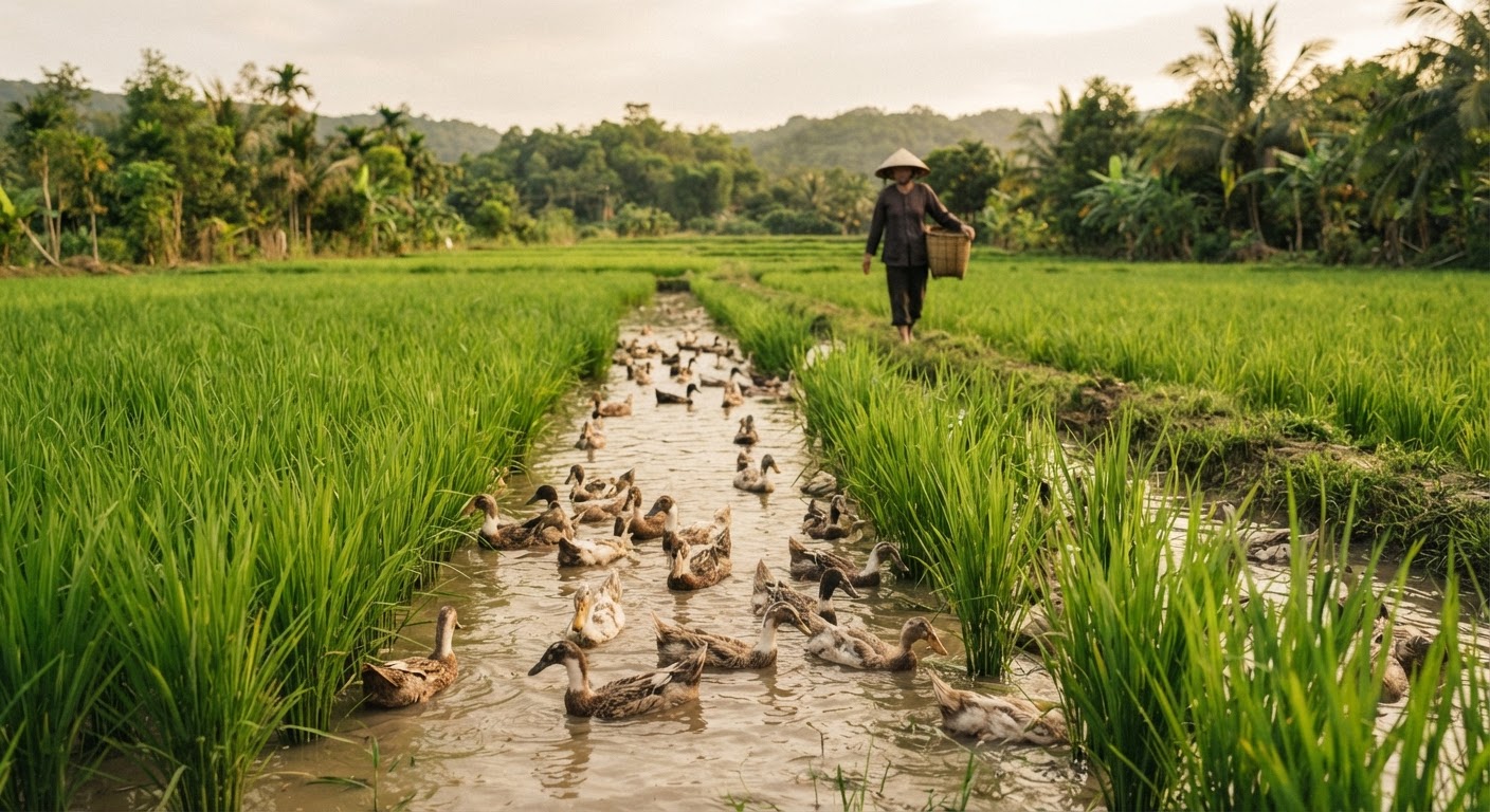 Các phương pháp canh tác lúa truyền thống ở Việt Nam thường có sự hài hòa với môi trường, tạo điều kiện sống cho các loài vật nuôi khác.