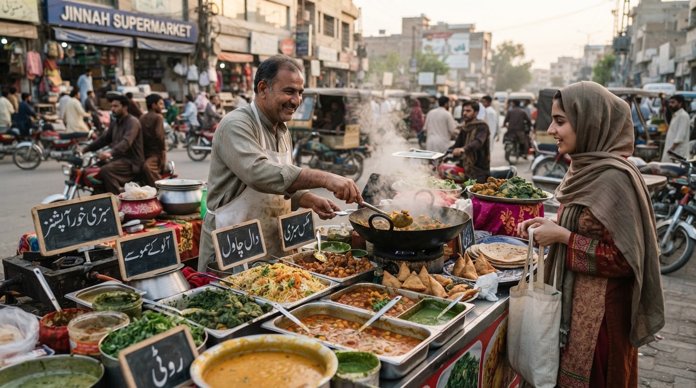 اسلام آباد میں ایک گلی کے کھانے کا اسٹال جس میں سبزی خور آپشنز موجود ہیں