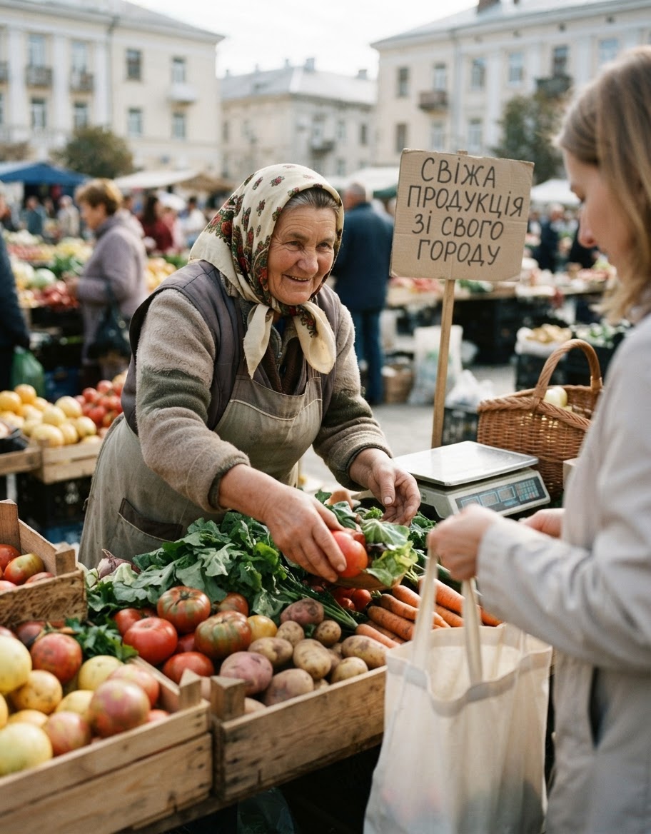 Місцевий фермер продає свіжу продукцію на українському ринку, підтримуючи традицію локального постачання.