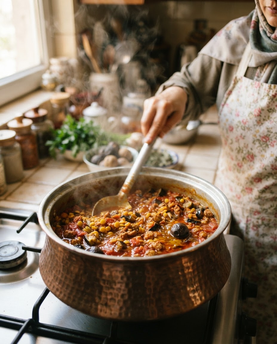 خورش قیمه، یکی از غذاهای سنتی ایرانی که سرشار از حبوبات و سبزیجات است.
