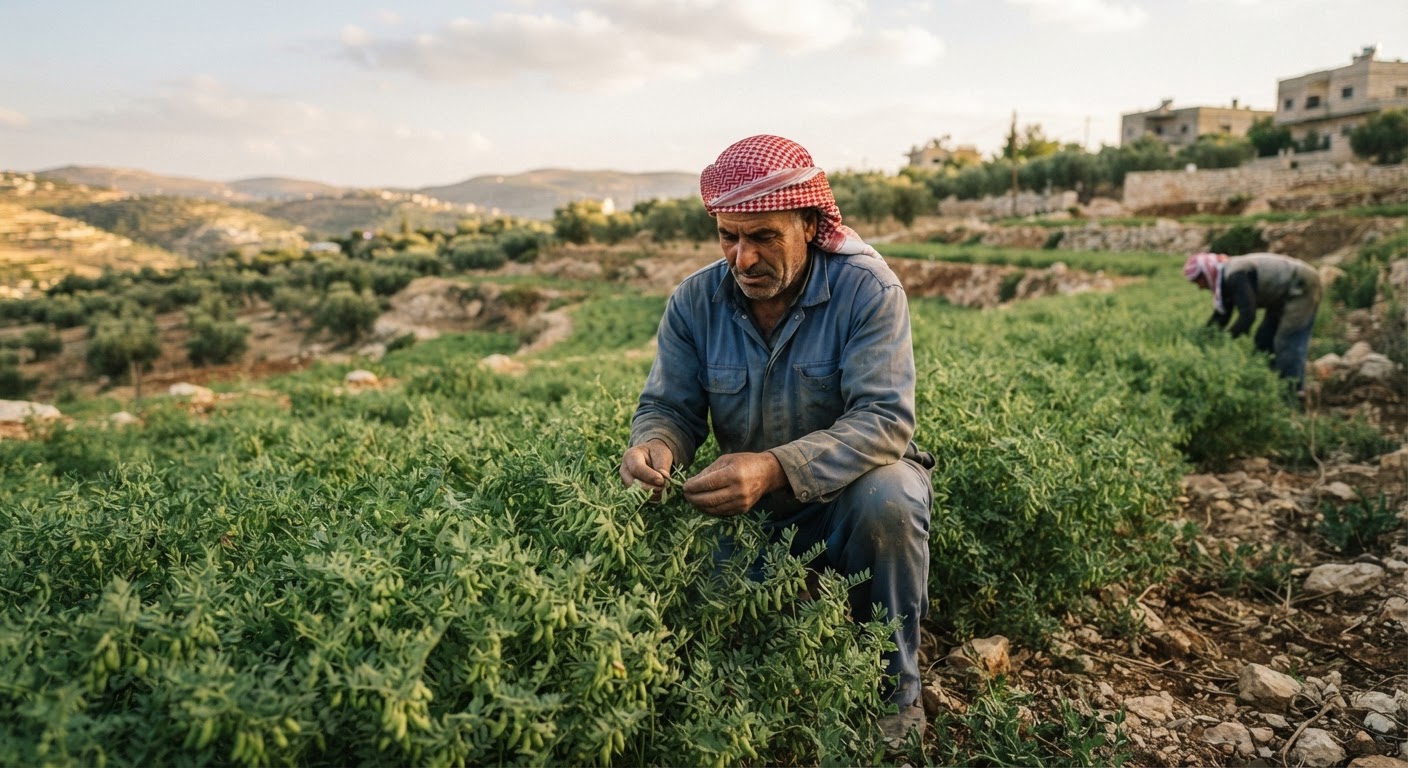 مزارع أردني يرعى حقلاً للعدس، المحصول الرئيسي في المنطقة.