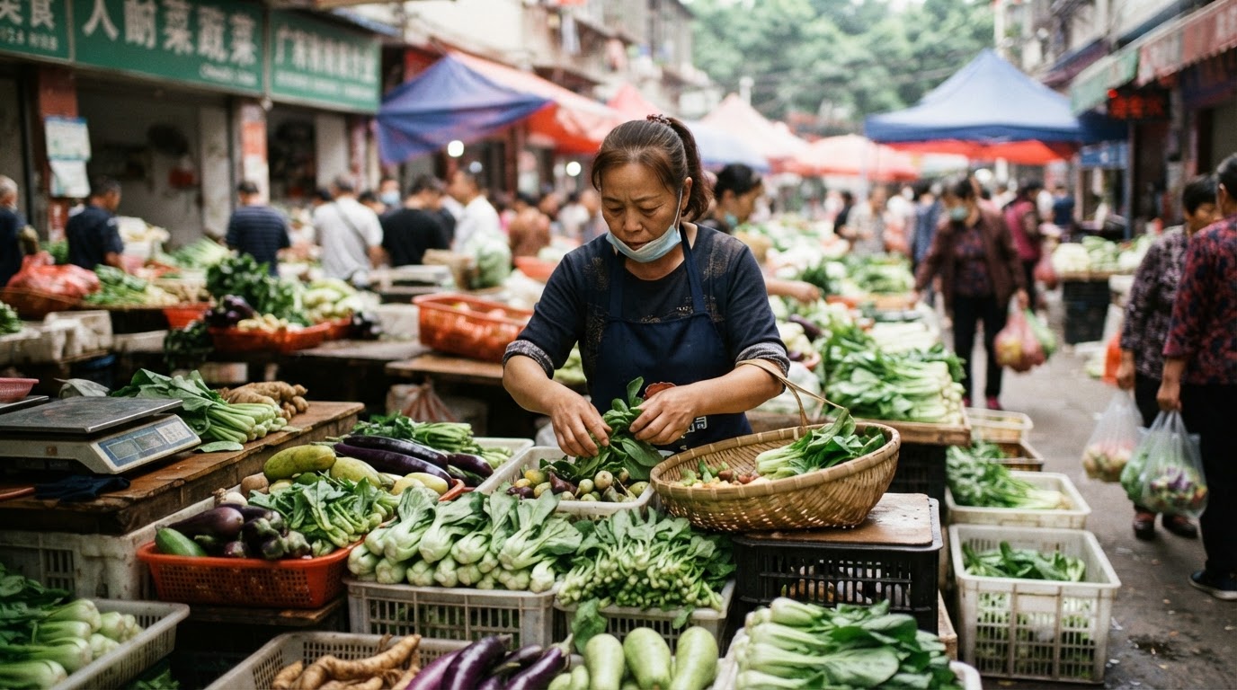 一位女士在中国市场摊位上分拣蔬菜