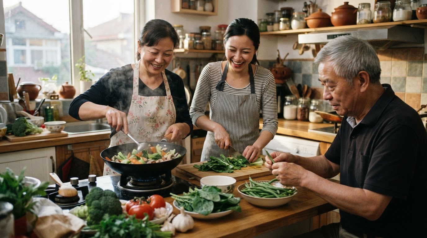 一家人一起准备蔬菜,体现了家庭在减少食物浪费和推广健康饮食中的重要作用。