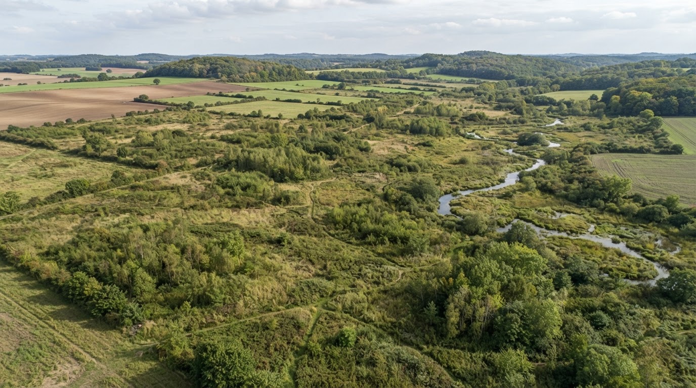 Drone footage showing agricultural fields gradually being reclaimed by trees and wild vegetation.