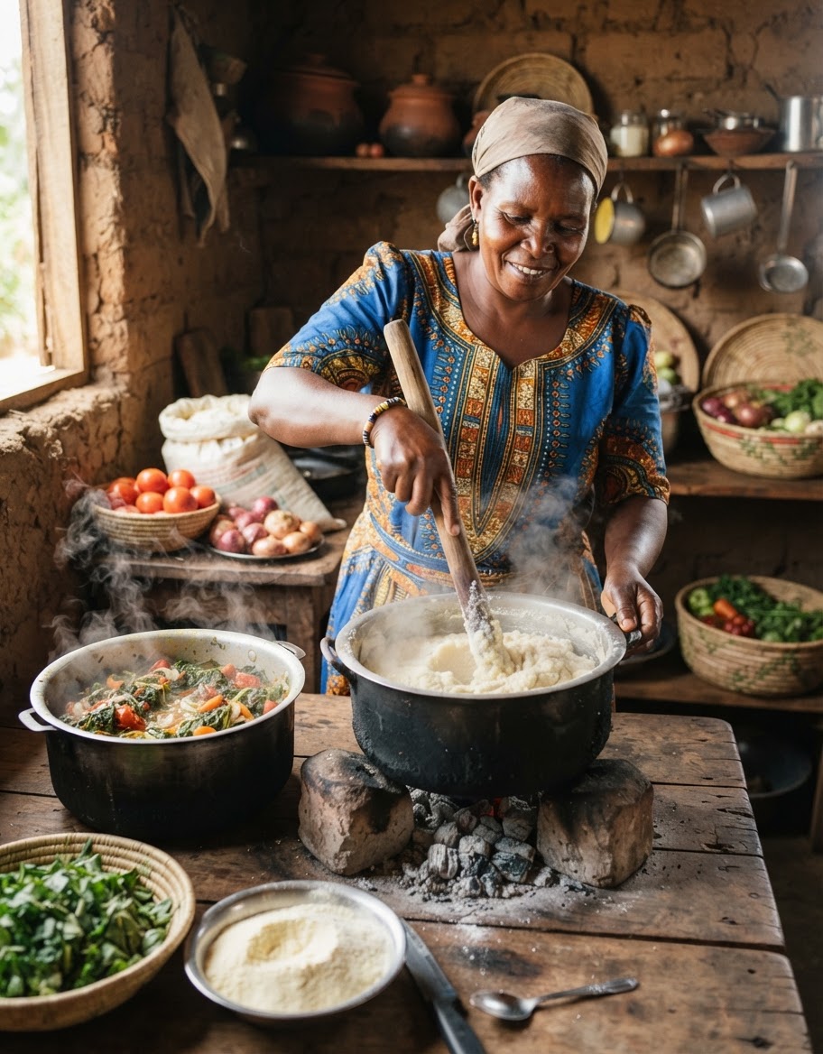 Mwanamke wa Kiafrika akitayarisha ugali na mboga