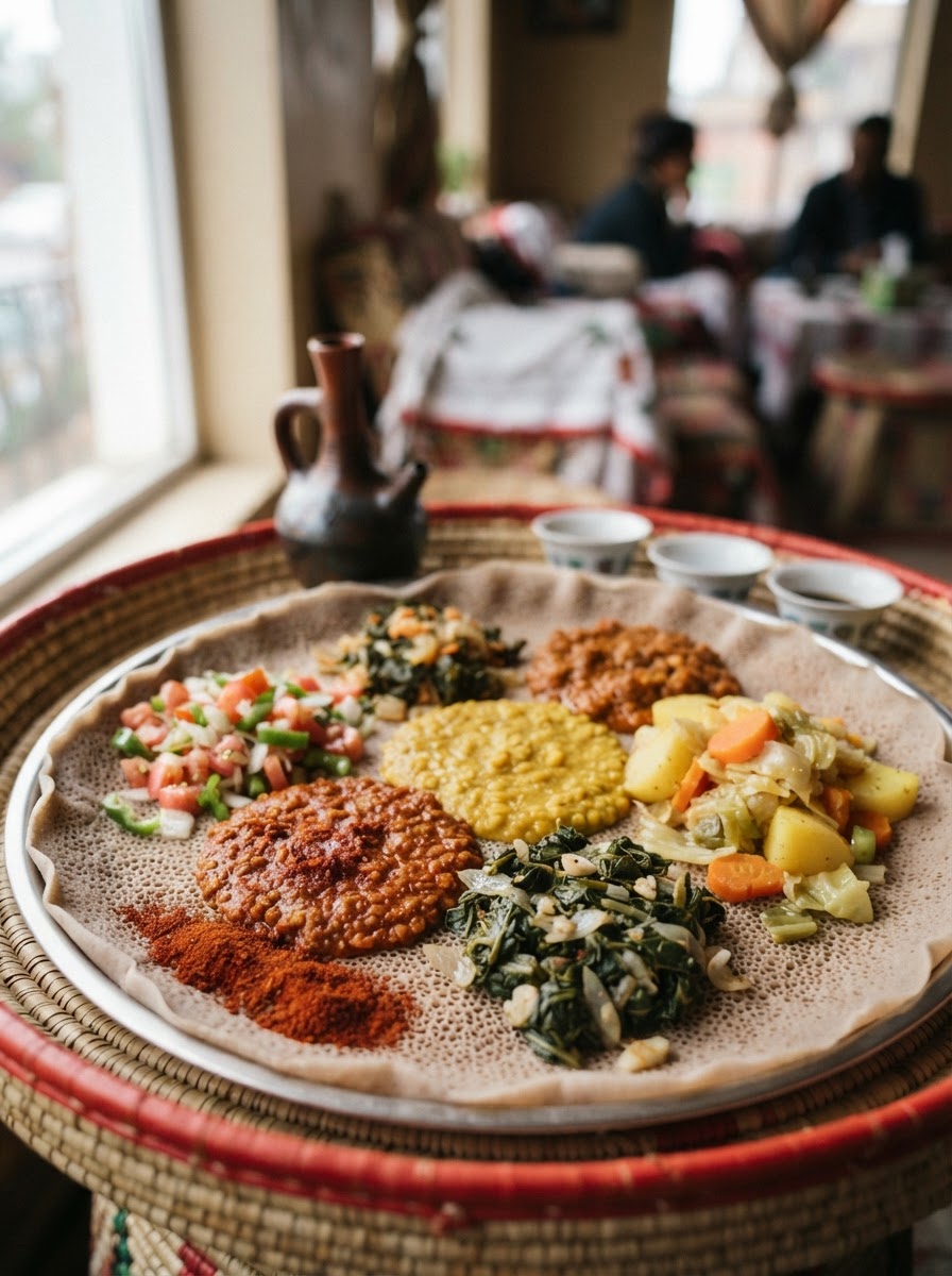የኢትዮጵያ ባህላዊ የምግብ አይነት ከእንጀራ፣ ከጥራጥሬ እና ከበርበሬ ጋር