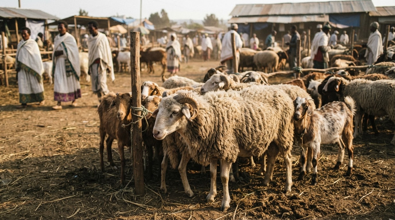 በኢትዮጵያ ባህላዊ ገበያ የሚሸጡ እንስሳት።