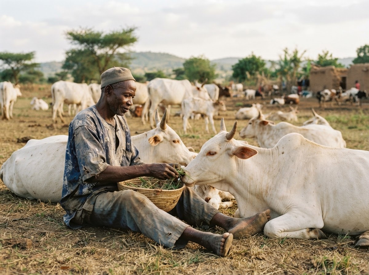 Àgbẹ̀ Nàìjíríà pẹ̀lú ẹran ọ̀sìn rẹ̀