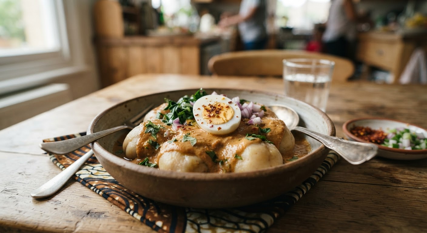 Danwake da aka bautawa da miyar gyada da kwai.