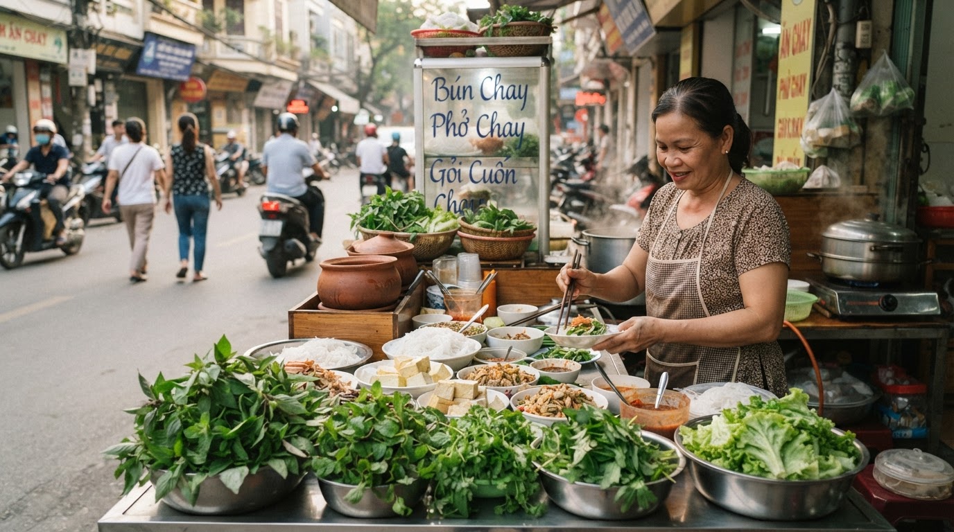 Quầy hàng ăn uống đường phố Việt Nam với các loại rau thơm tươi ngon