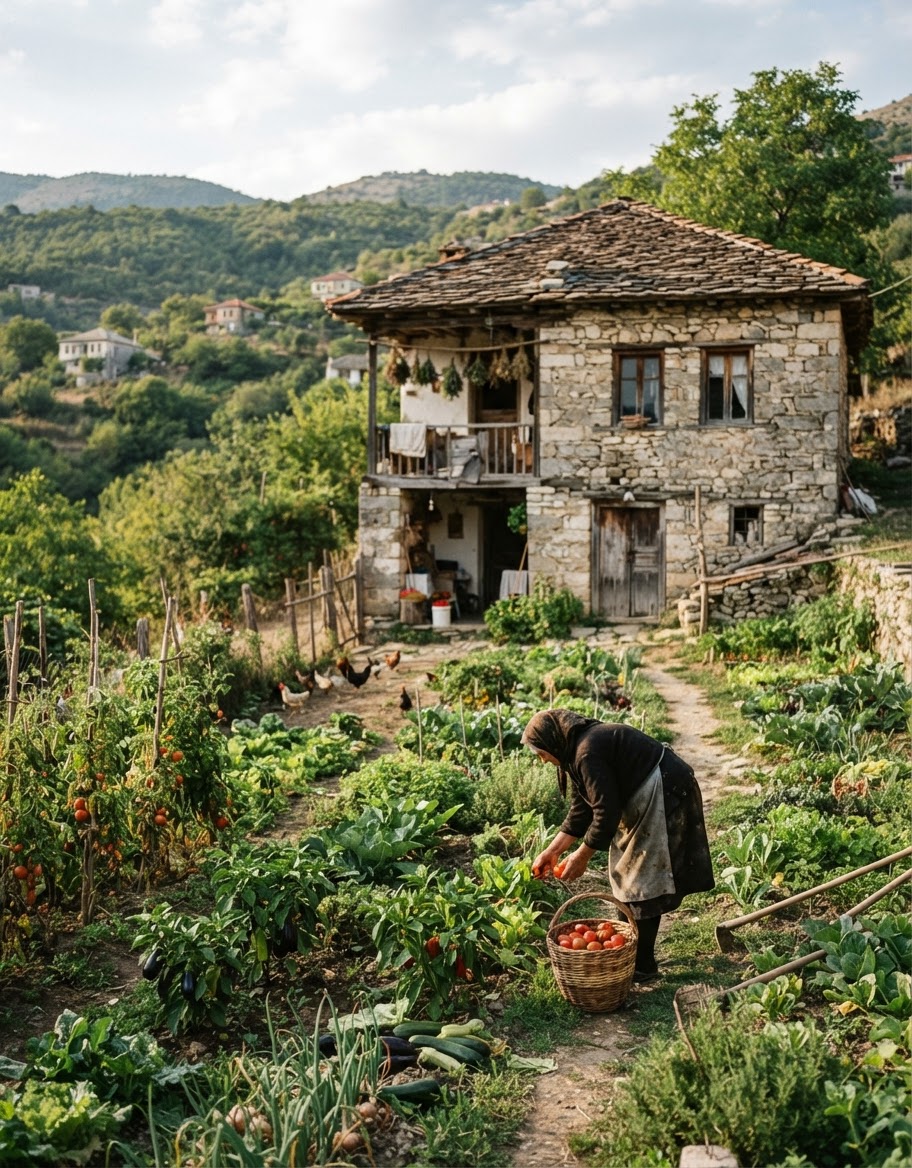 Shtëpia tradicionale shqiptare rurale, ku kultivimi i perimeve të freskëta është pjesë e jetës.